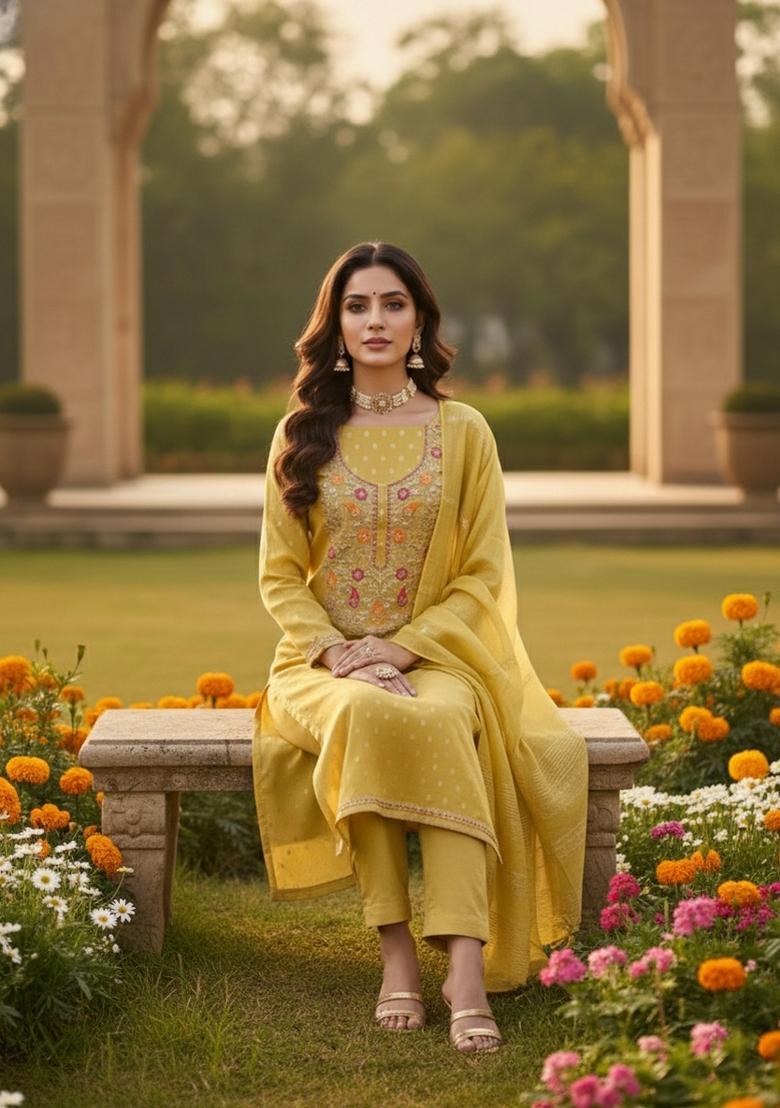 Mustard Embroidery Shimmer Salwar Kameez - Indya