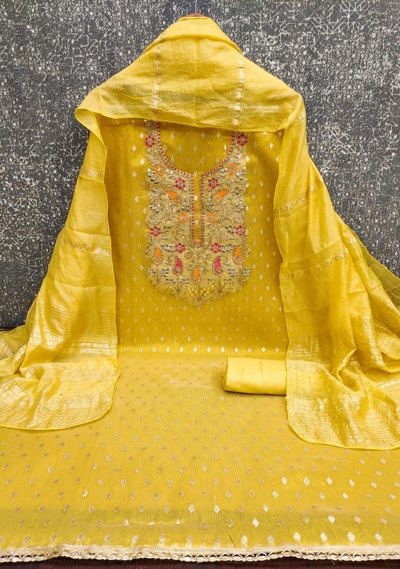 Mustard Embroidery Shimmer Salwar Kameez - Indya