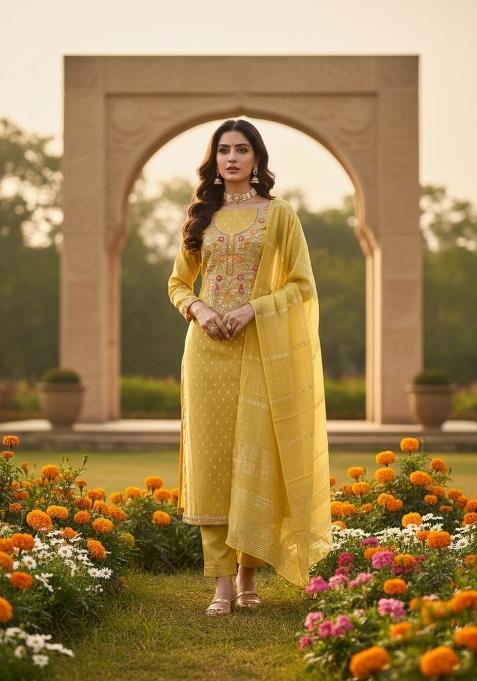 Mustard Embroidery Shimmer Salwar Kameez