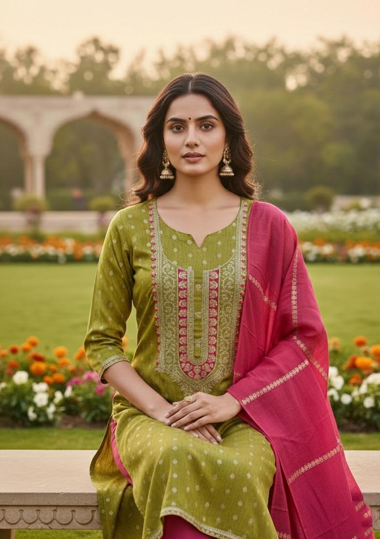 Green Embroidery Shimmer Salwar Kameez - Indya