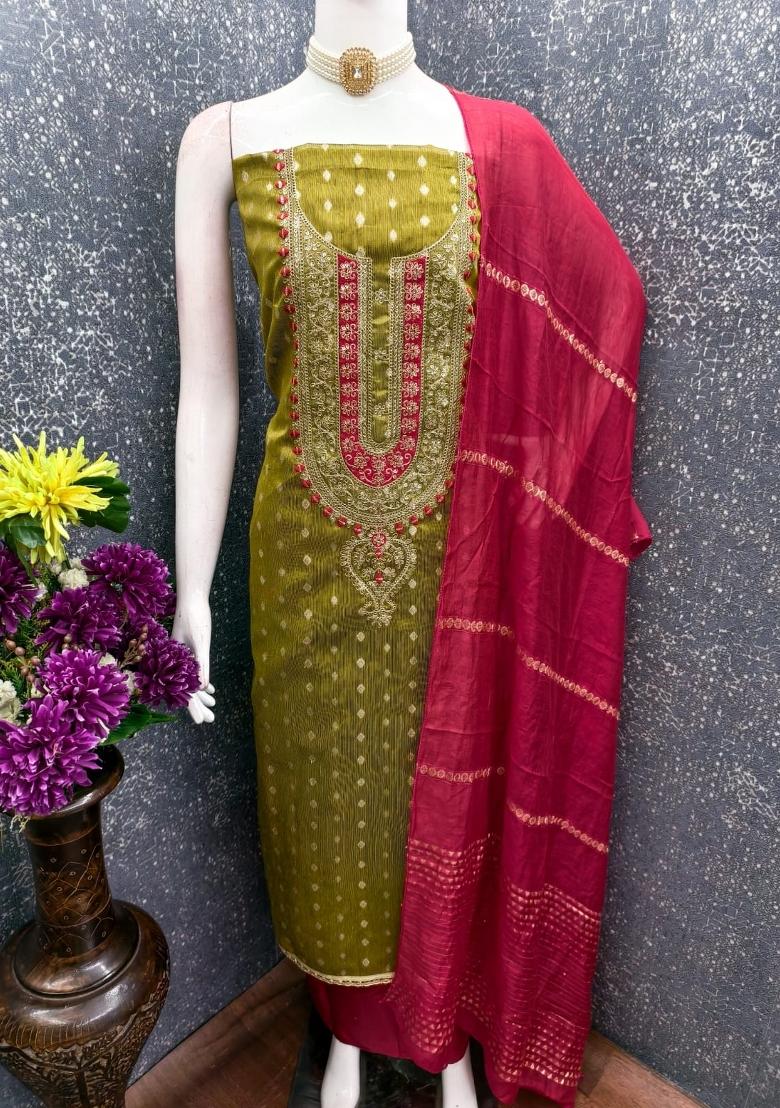 Green Embroidery Shimmer Salwar Kameez - Indya