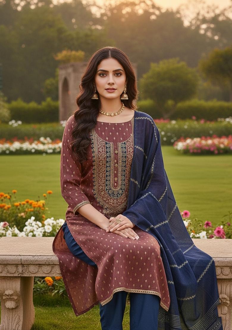 Brown Embroidery Shimmer Salwar Kameez - Indya