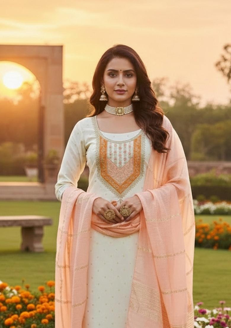 Cream Embroidery Modal Buti Salwar Kameez - Indya