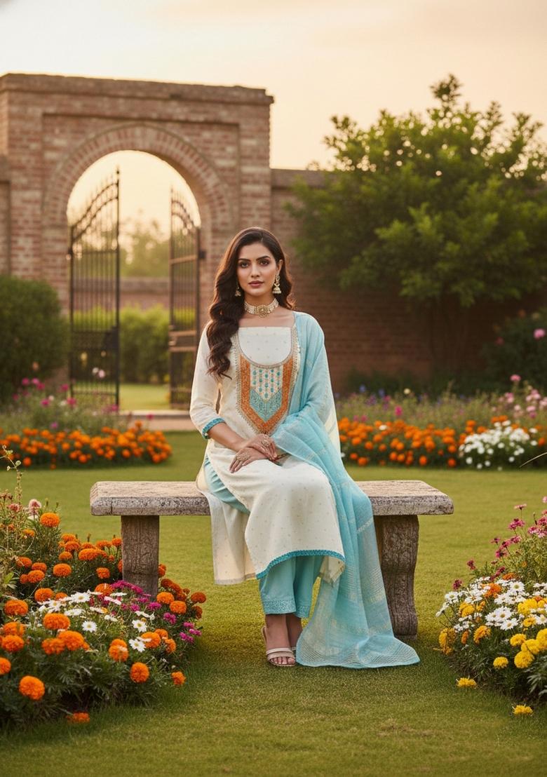 Cream Embroidery Modal Buti Salwar Kameez - Indya