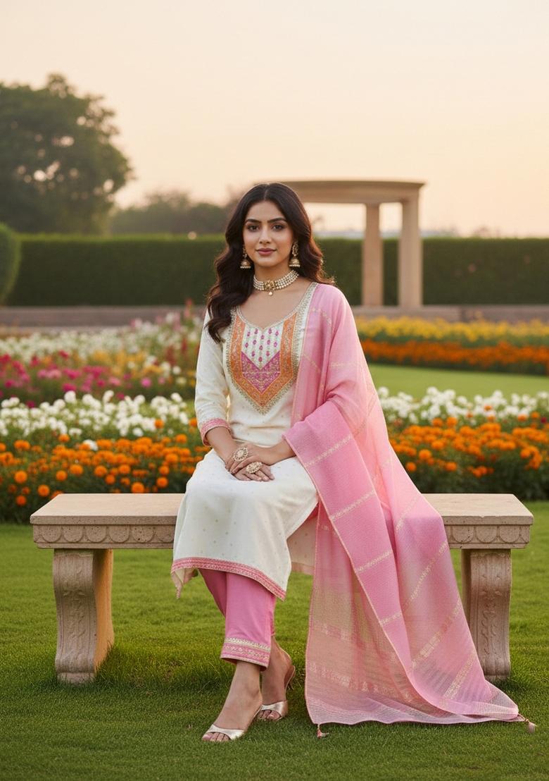 Cream Embroidery Modal Buti Salwar Kameez - Indya