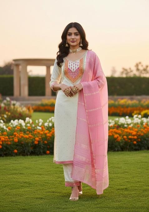 Cream Embroidery Modal Buti Salwar Kameez