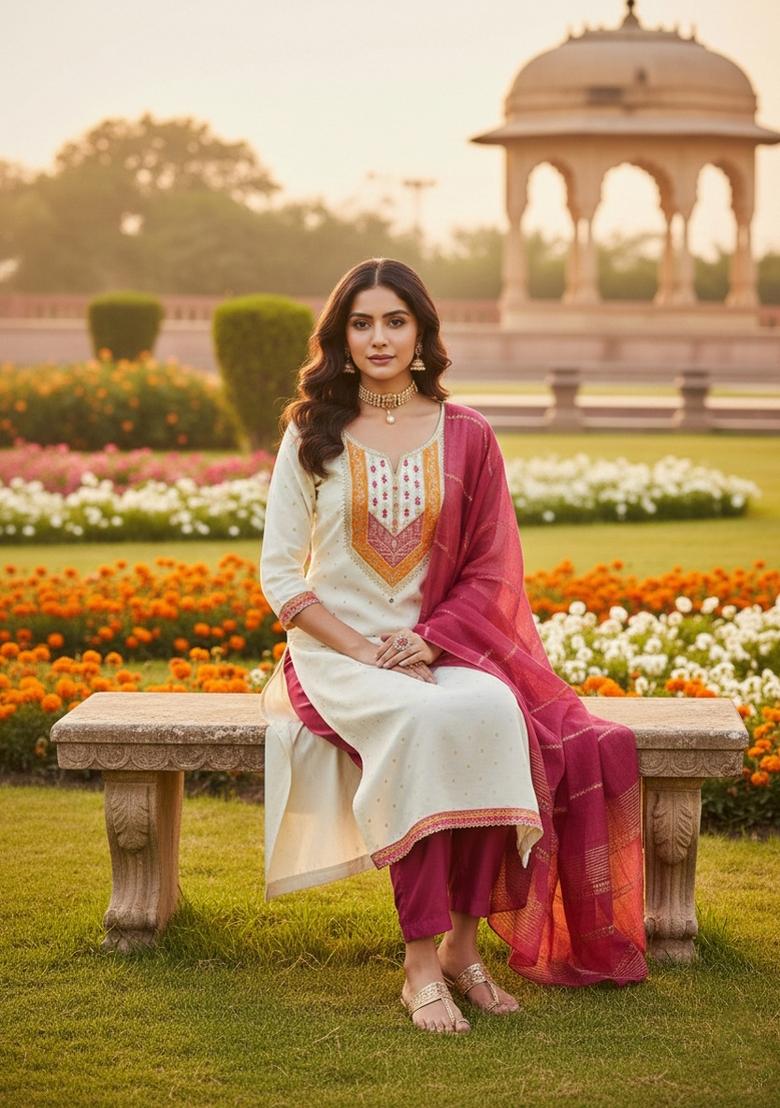 Cream Embroidery Modal Buti Salwar Kameez - Indya