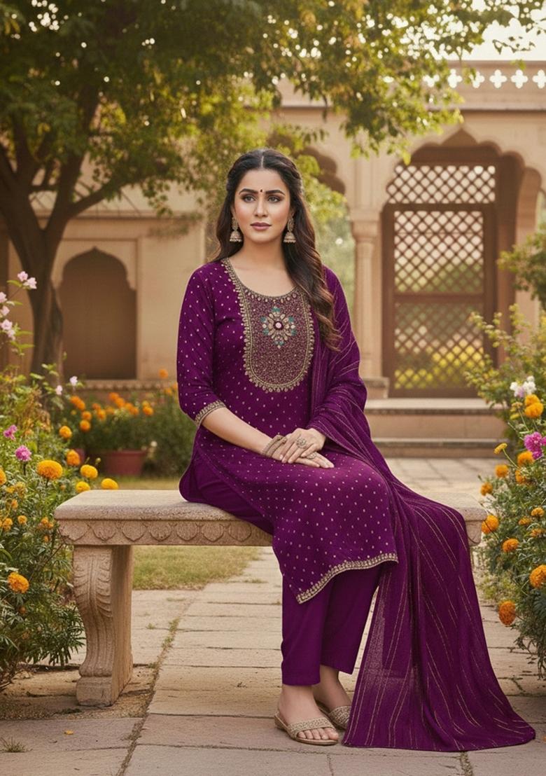 Wine Embroidery Modal Buti Salwar Kameez - Indya