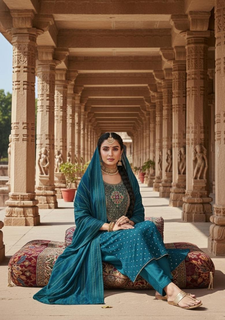 Turquoise Embroidery Modal Buti Salwar Kameez - Indya