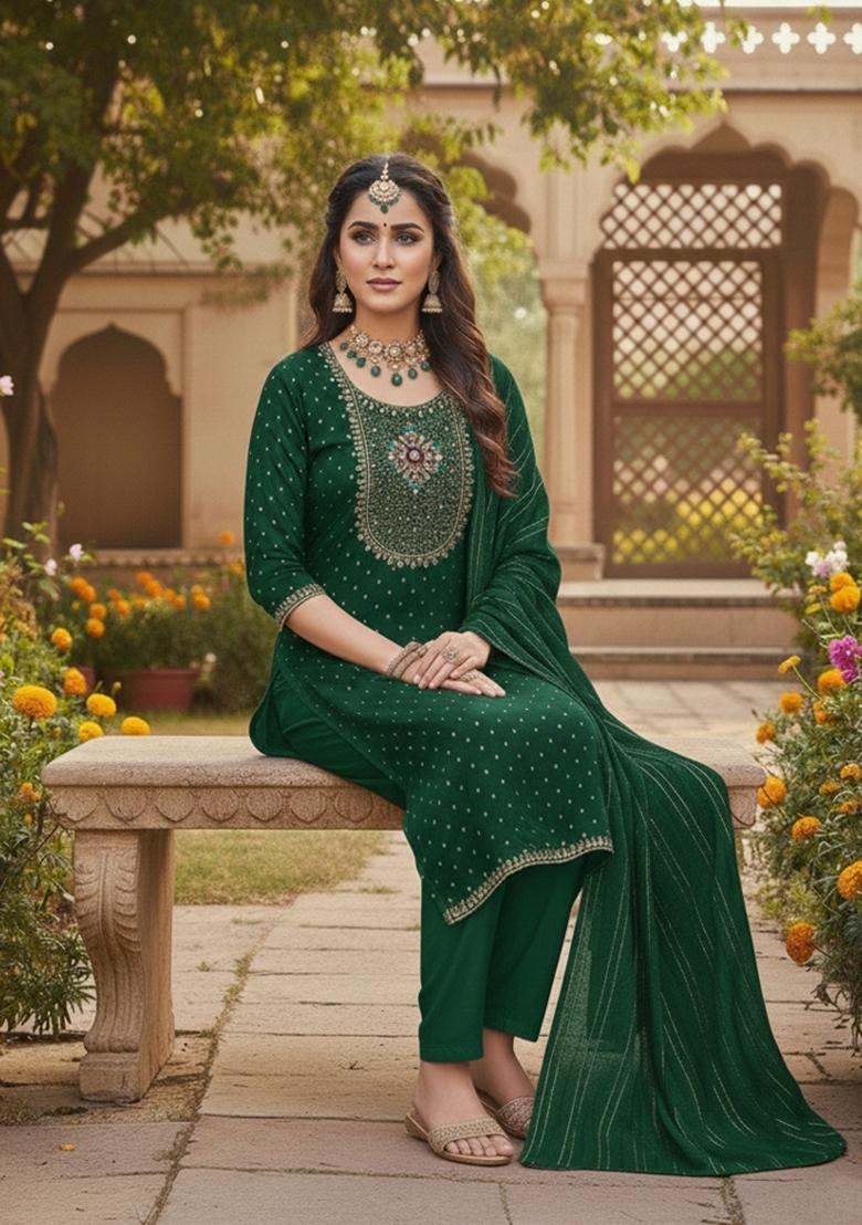Green Embroidery Modal Buti Salwar Kameez - Indya