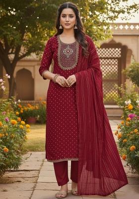Maroon Embroidery Modal Buti Salwar Kameez
