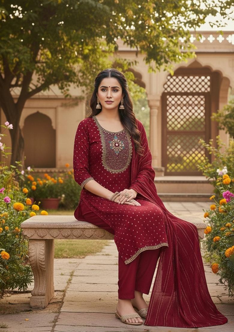 Maroon Embroidery Modal Buti Salwar Kameez - Indya