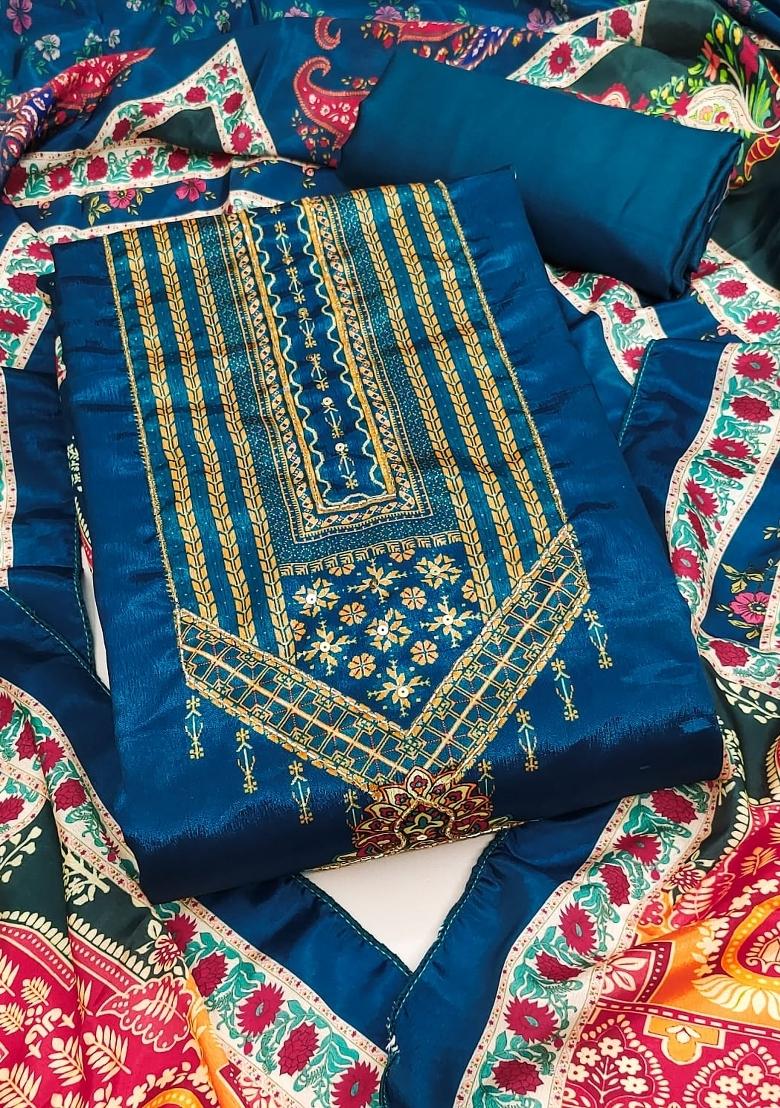 Turquoise Embroidery Chinon Salwar Kameez - Indya