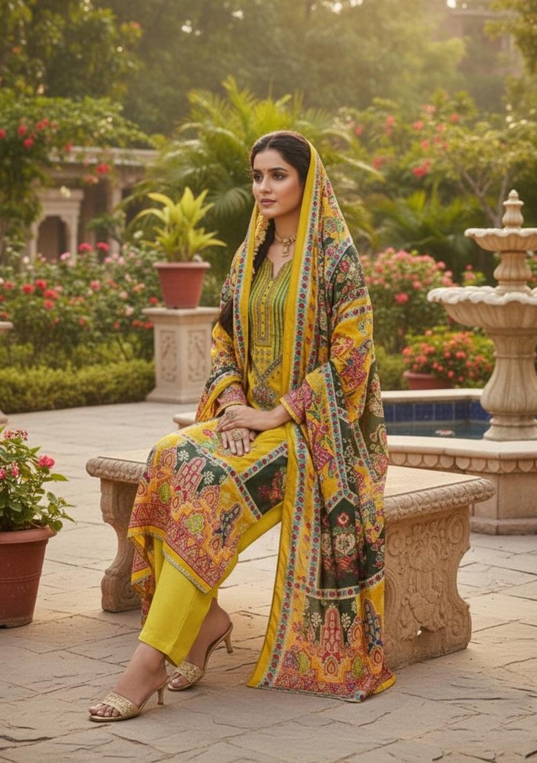 Mustard Embroidery Chinon Salwar Kameez - Indya