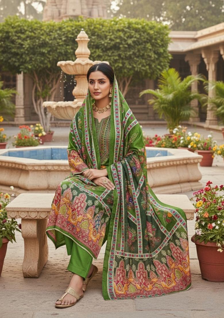 Green Embroidery Chinon Salwar Kameez - Indya