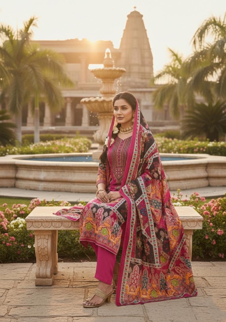 Magenta Embroidery Chinon Salwar Kameez - Indya