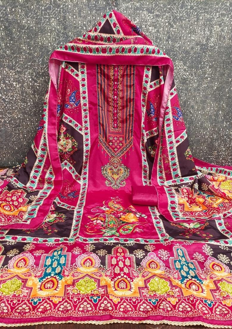 Magenta Embroidery Chinon Salwar Kameez - Indya