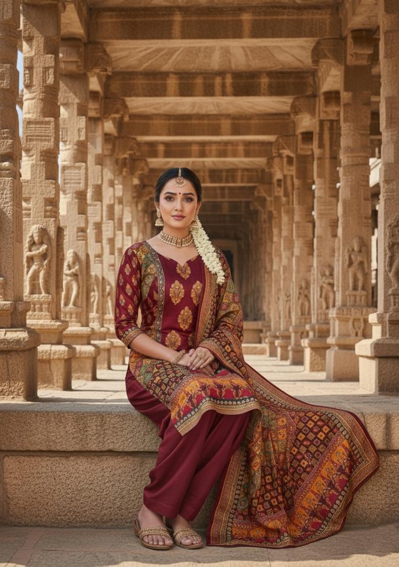 Maroon Embroidery Chinon Salwar Kameez - Indya