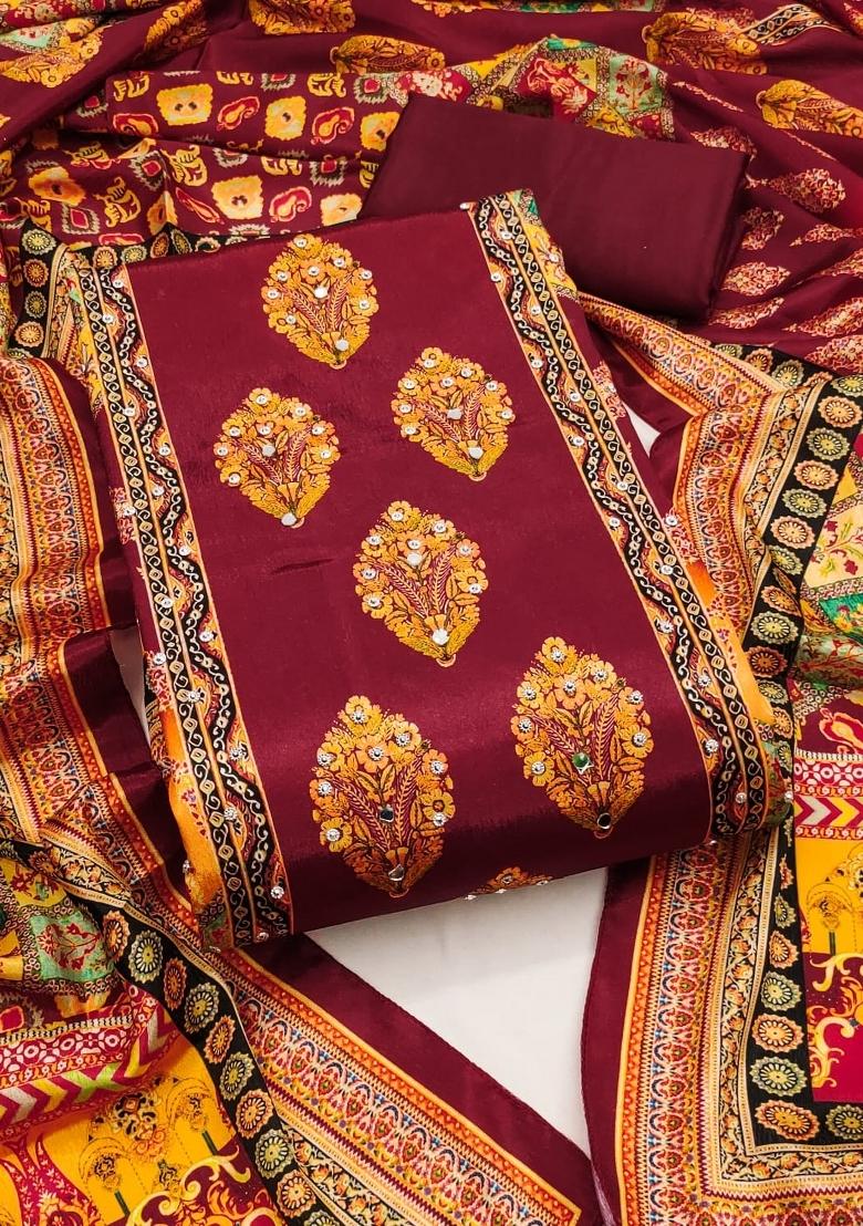 Maroon Embroidery Chinon Salwar Kameez - Indya