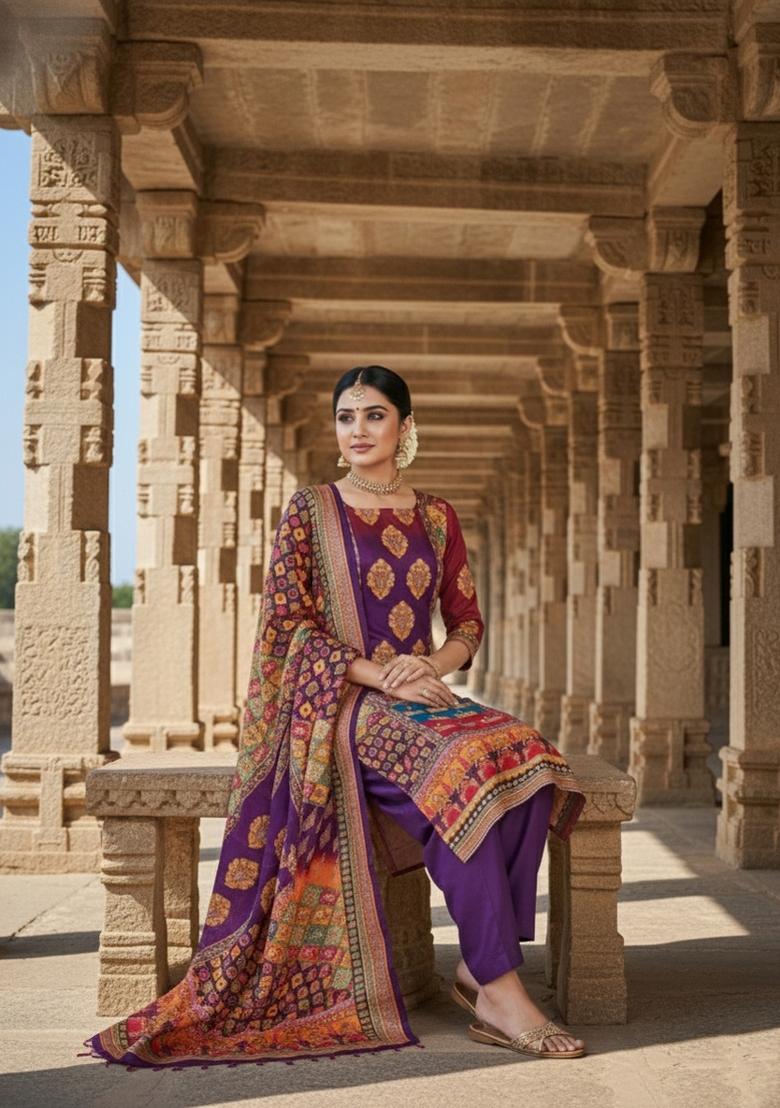 Purple Embroidery Chinon Salwar Kameez - Indya