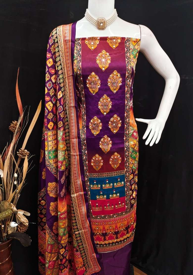Purple Embroidery Chinon Salwar Kameez - Indya