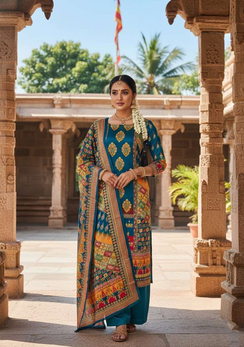 Turquoise Embroidery Chinon Salwar Kameez - Indya