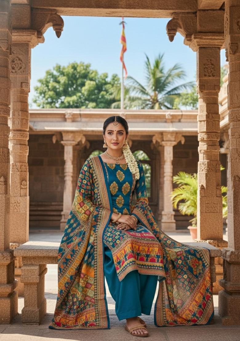 Turquoise Embroidery Chinon Salwar Kameez - Indya