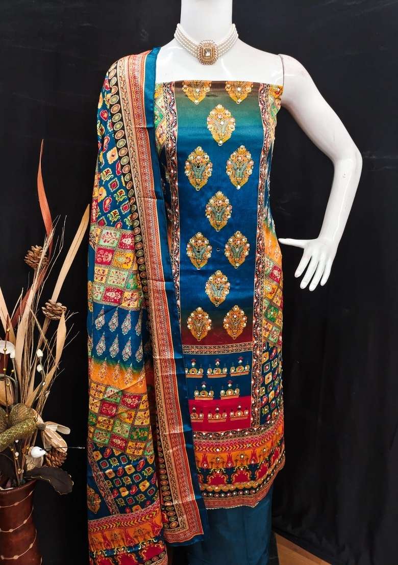 Turquoise Embroidery Chinon Salwar Kameez - Indya