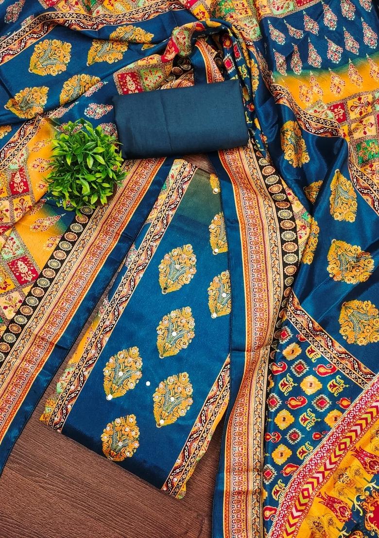 Turquoise Embroidery Chinon Salwar Kameez - Indya