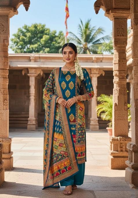 Turquoise Embroidery Chinon Salwar Kameez