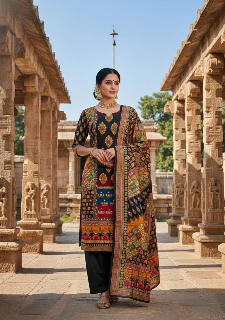 Black Embroidery Chinon Salwar Kameez - Indya