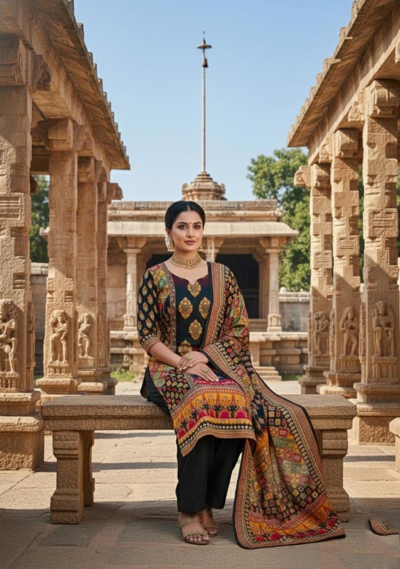 Black Embroidery Chinon Salwar Kameez - Indya