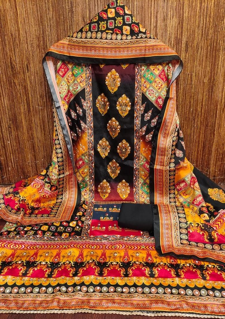 Black Embroidery Chinon Salwar Kameez - Indya