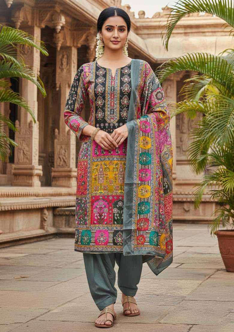 Grey Embroidery Chinon Salwar Kameez - Indya