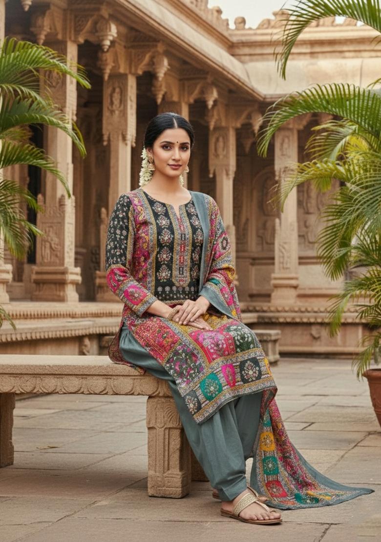 Grey Embroidery Chinon Salwar Kameez - Indya