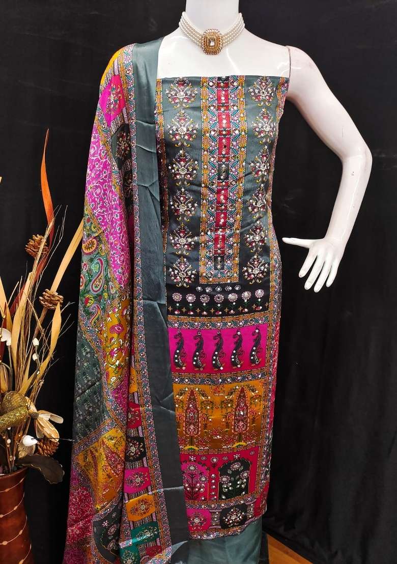 Grey Embroidery Chinon Salwar Kameez - Indya