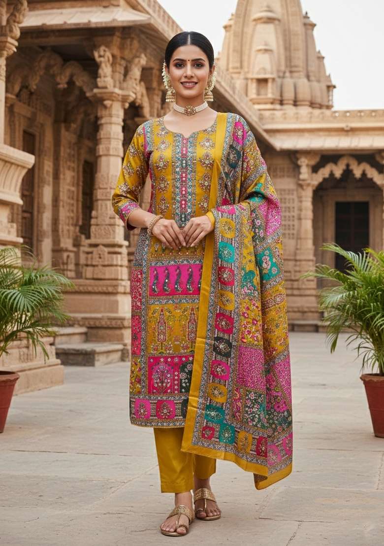 Mustard Embroidery Chinon Salwar Kameez - Indya