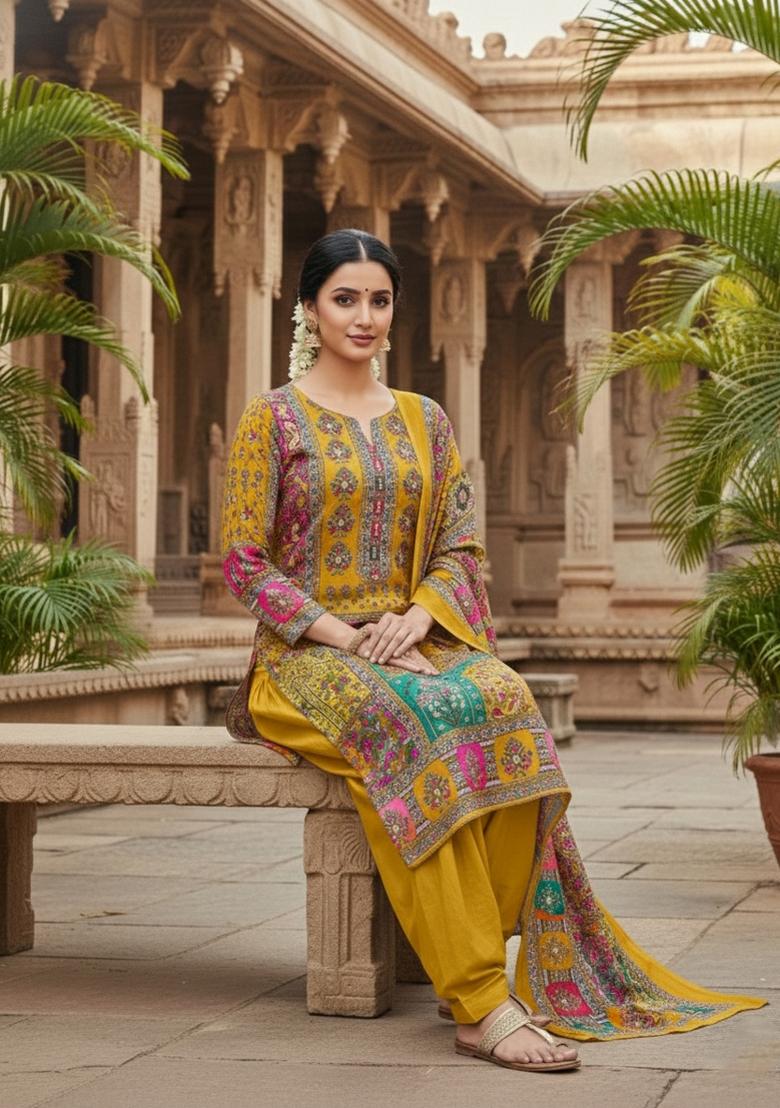 Mustard Embroidery Chinon Salwar Kameez - Indya