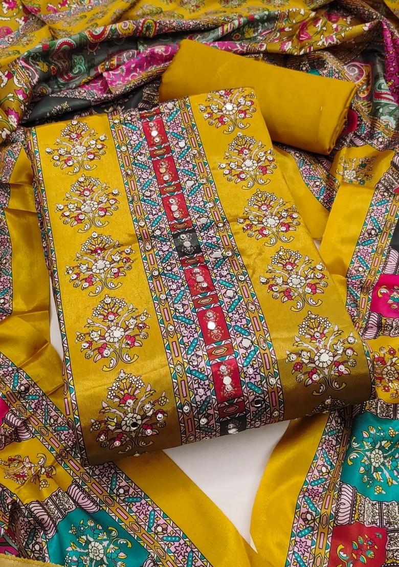 Mustard Embroidery Chinon Salwar Kameez - Indya