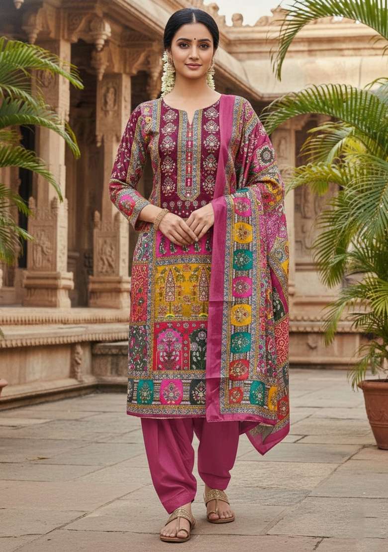 Magenta Embroidery Chinon Salwar Kameez - Indya