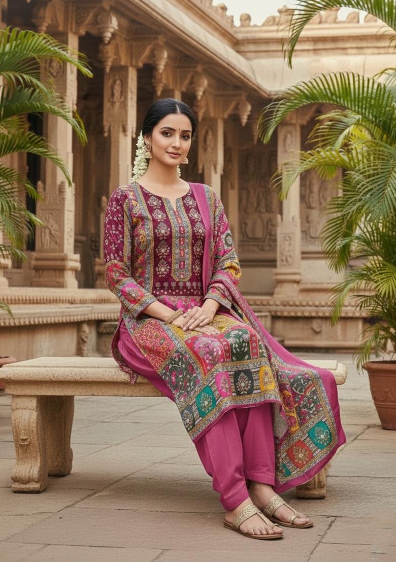Magenta Embroidery Chinon Salwar Kameez - Indya