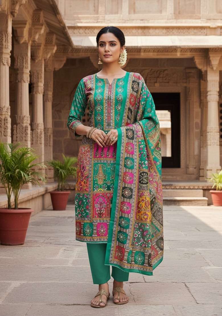 Sea Green Embroidery Chinon Salwar Kameez - Indya