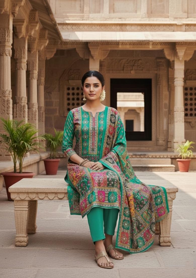 Sea Green Embroidery Chinon Salwar Kameez - Indya