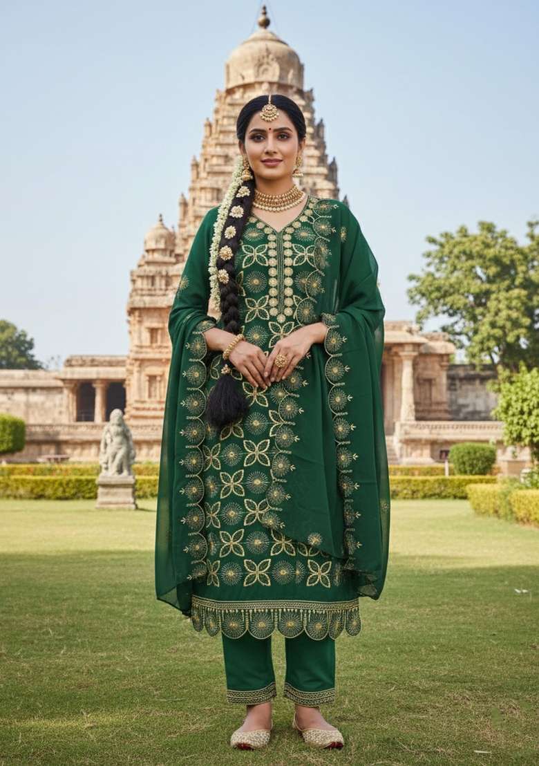 Green Embroidery Georgette Salwar Kameez - Indya