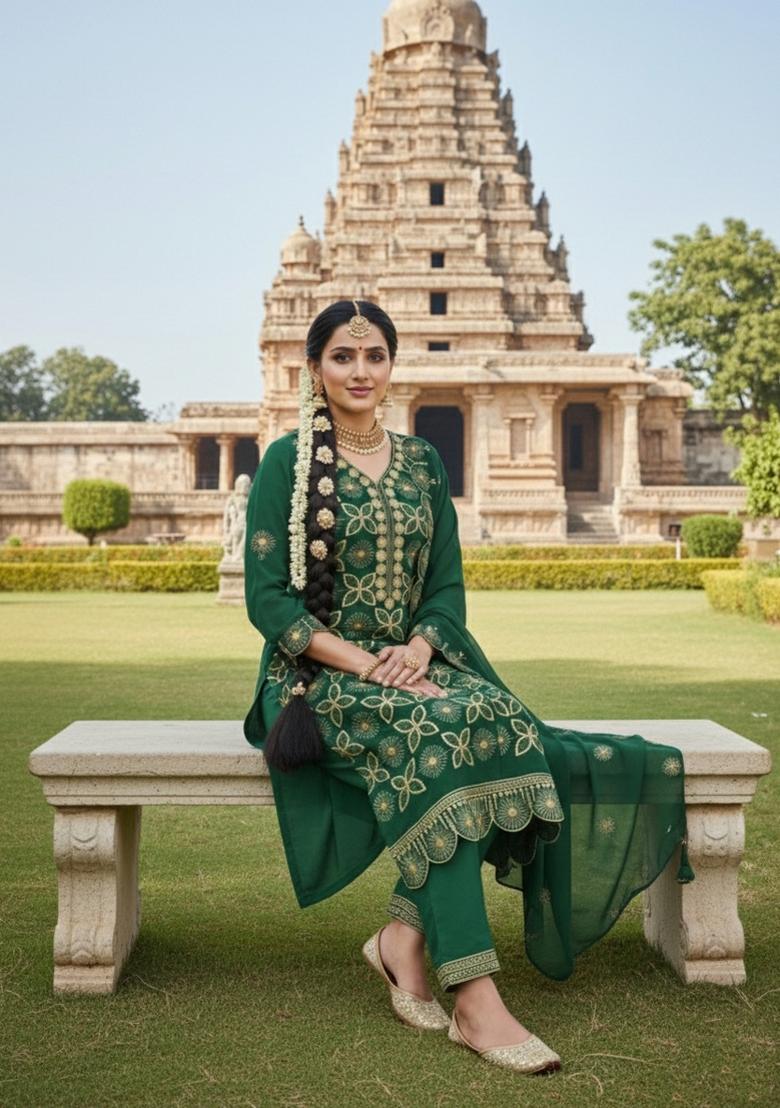 Green Embroidery Georgette Salwar Kameez - Indya