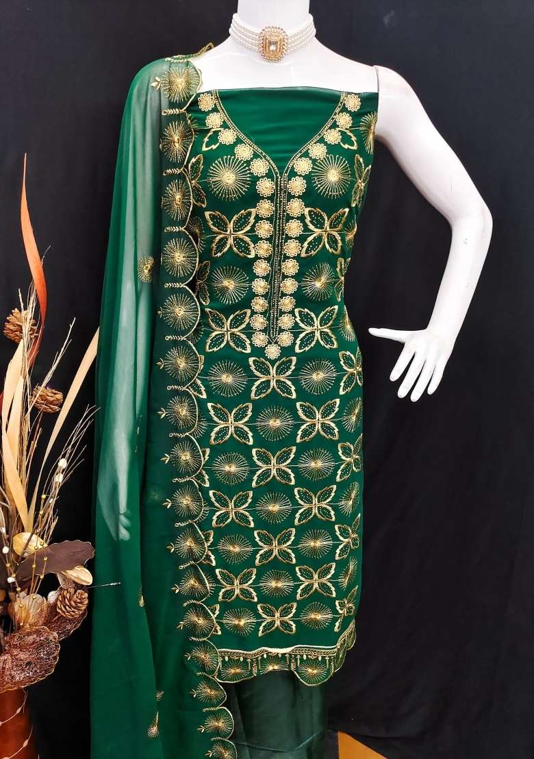 Green Embroidery Georgette Salwar Kameez - Indya