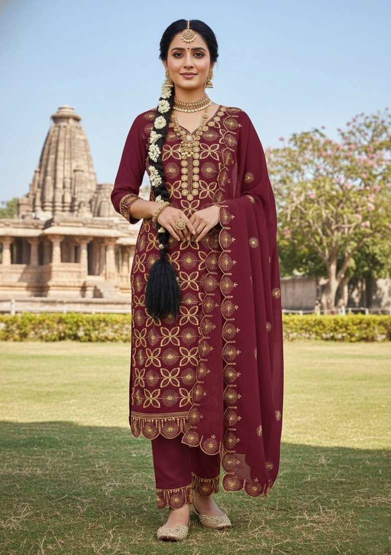 Maroon Embroidery Georgette Salwar Kameez - Indya