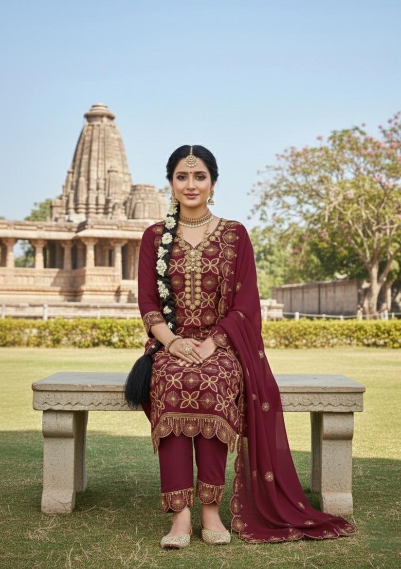 Maroon Embroidery Georgette Salwar Kameez - Indya