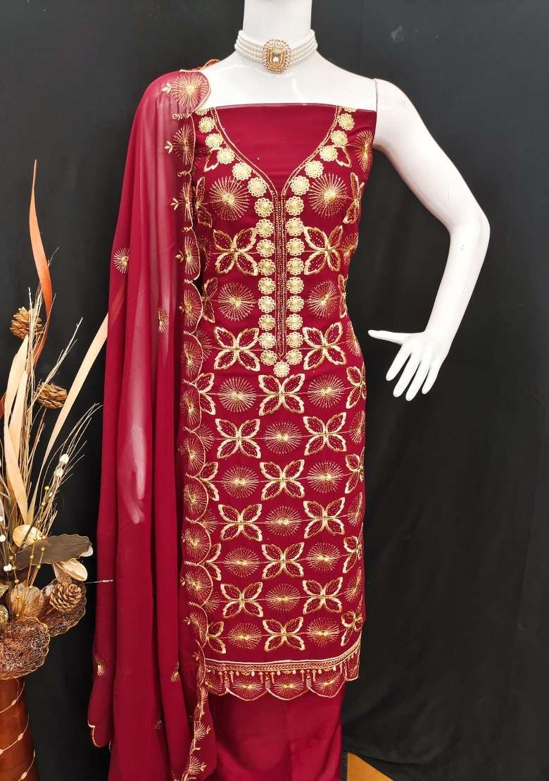 Maroon Embroidery Georgette Salwar Kameez - Indya