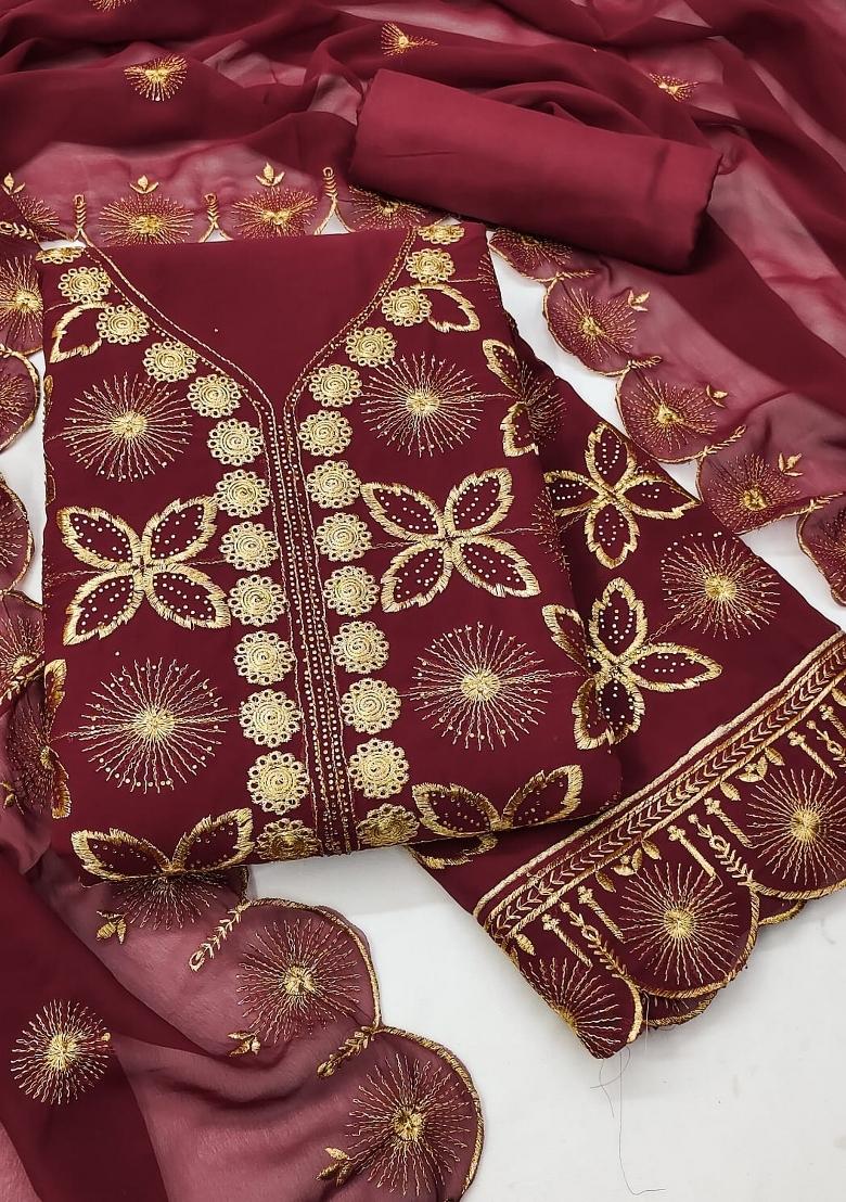 Maroon Embroidery Georgette Salwar Kameez - Indya